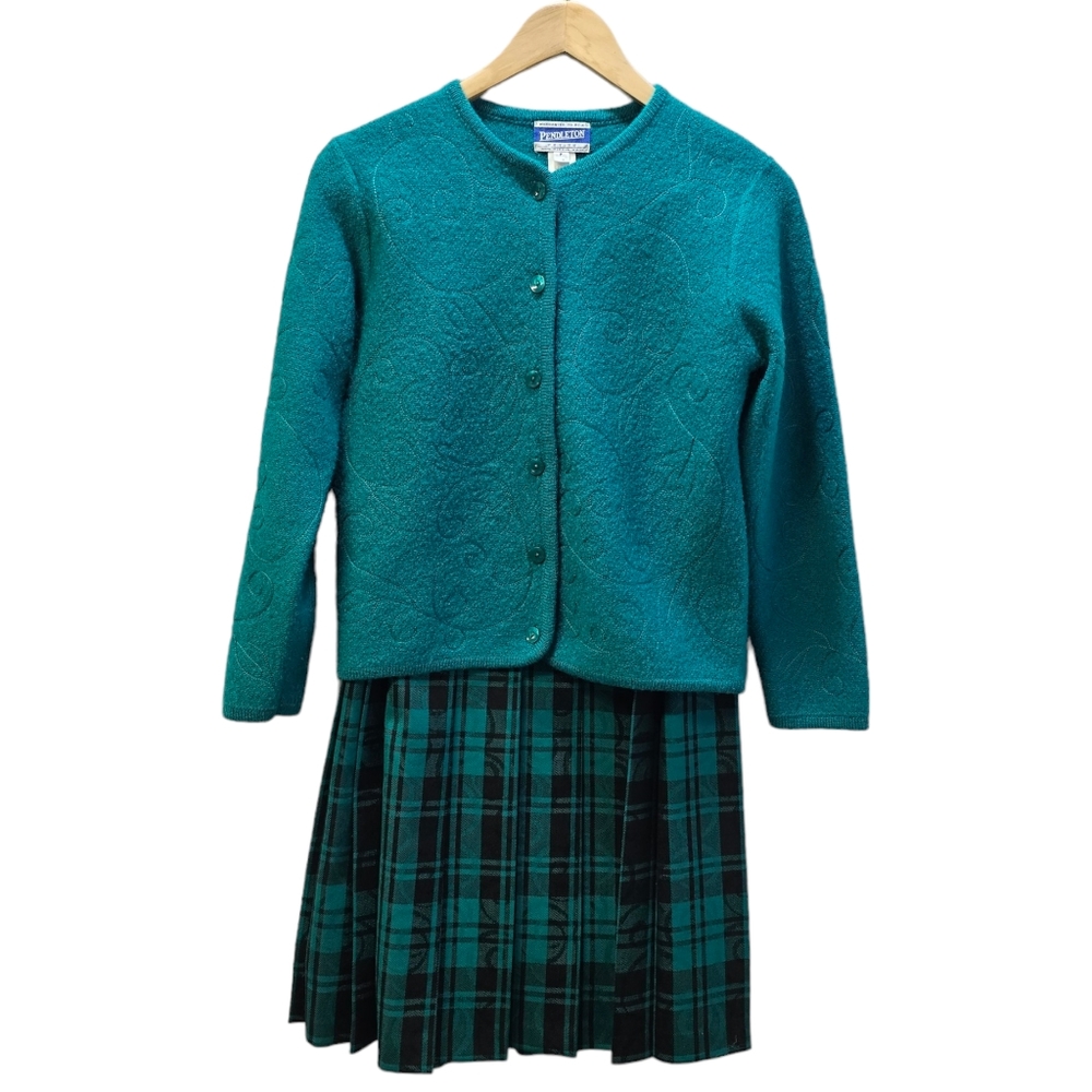 Vintage Pendleton Wool Teal Plaid Cardigan Skirt Suit Set Womens Size 4/Small
